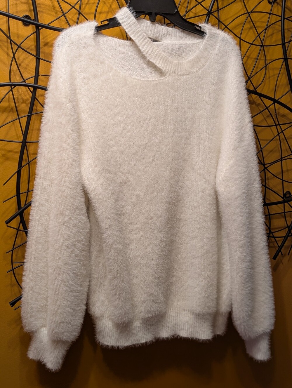 Zaful Off-White Fuzzy Keyhole Cutout Knit Sweater